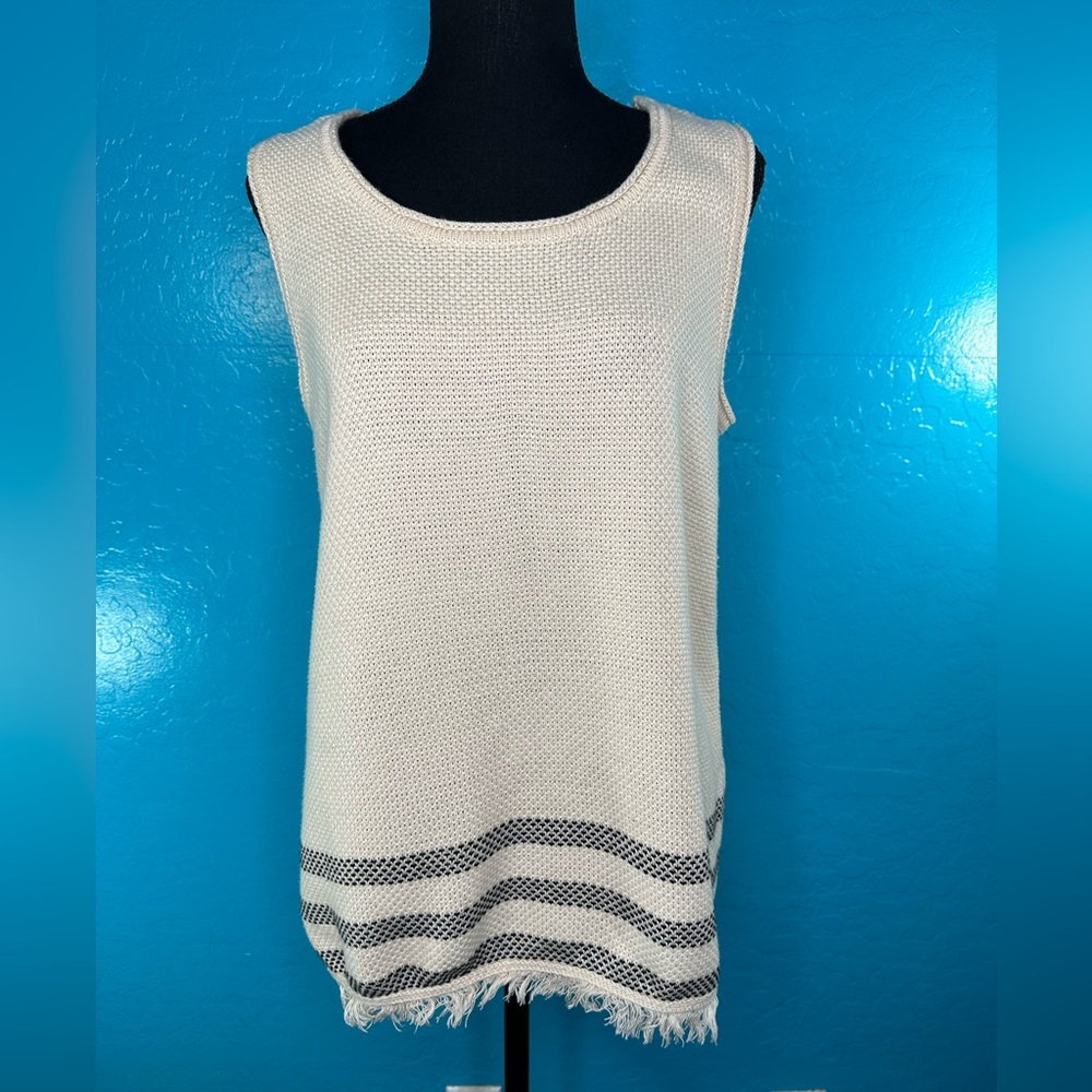 APT 9 Women's sleeveless Beige top black Stripes Fringe Sz M